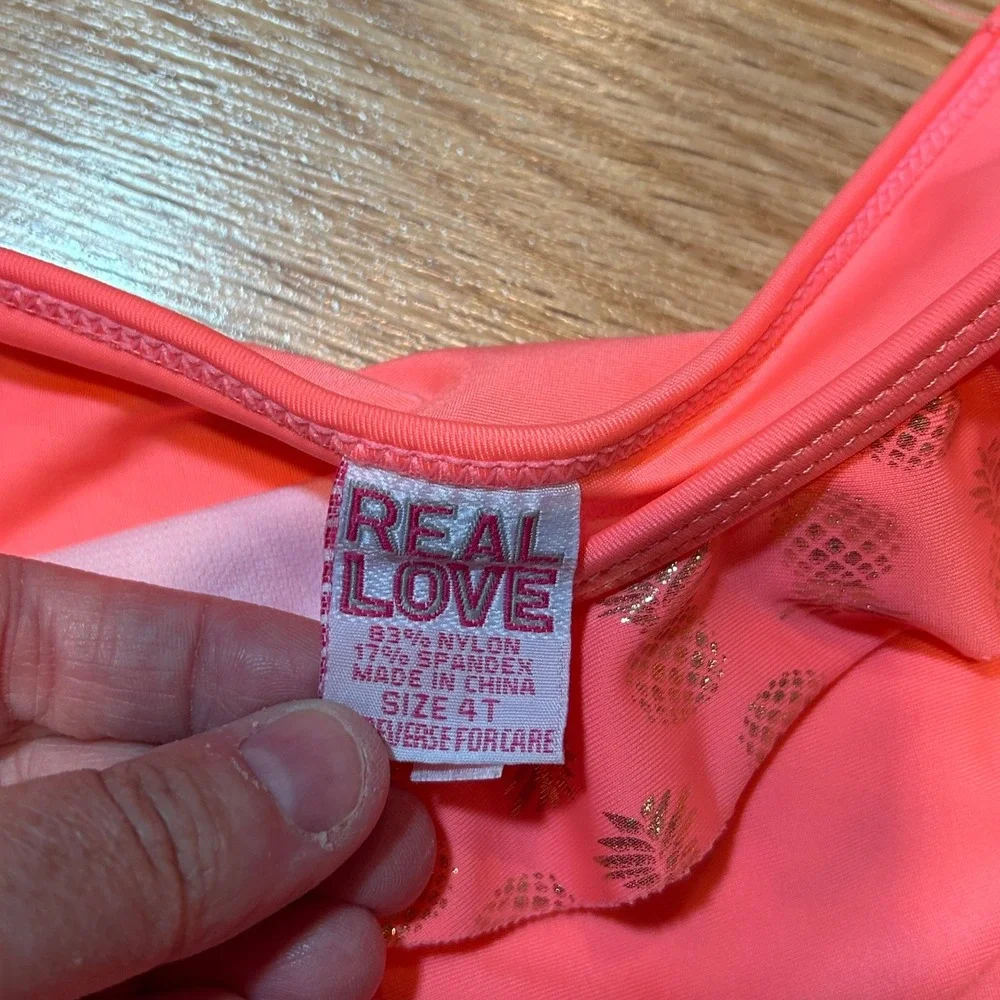 Real Love Girls 4T Tankini Swimsuit Pink Coral Gold Pineapple Ruffle 2 Piece Set